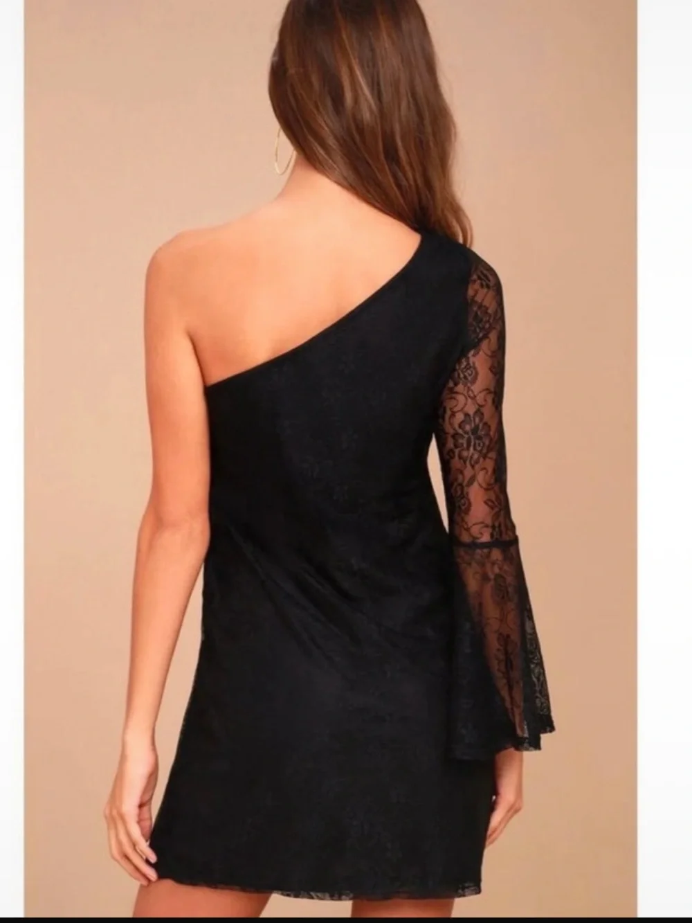 Lulus Black Floral Lace One Shoulder Bell Sleeve Mini Dress XS NWT